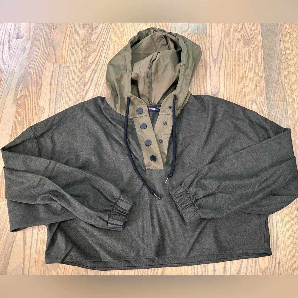 Zara Olive Green Two-Tone Hooded Pullover Sweatshirt